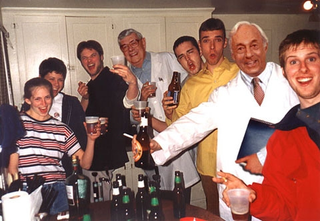University of Massachusetts researchers Dr. Albert Greaves (fourth from left) and Dr. James Podriewski (second from right) gather data on binge drinking.